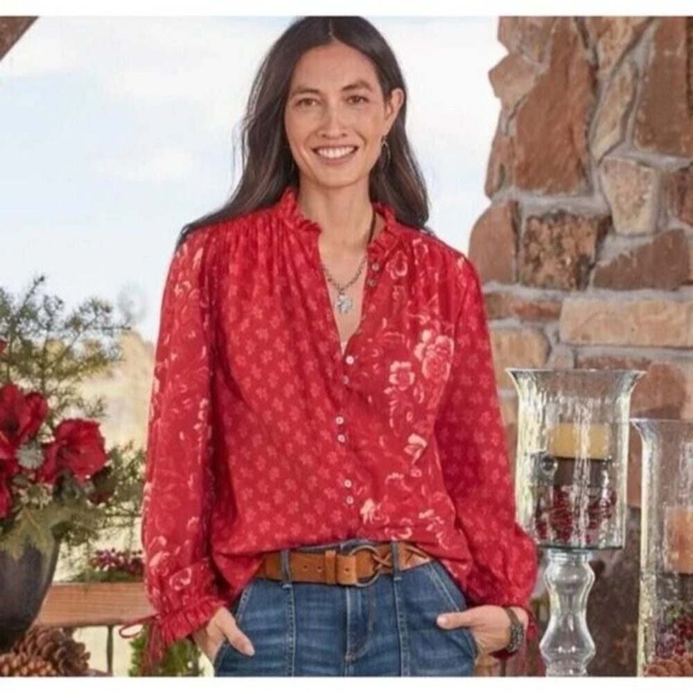Red Floral Button-Front Women’s Blouse